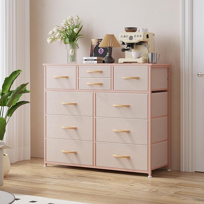 LUMTOK 10-Drawer Dresser, Fabric Storage Dressers Drawers for Bedroom, Hallway, Nursery, Closets, Steel Frame, Wood Top, Easy Pull Handle (Rose Gold)