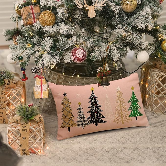 Pink Christmas Pillow Covers 12x20 Inch Black Green Gold Christmas Trees Throw Pillows Pillow Covers Merry Xmas Winter Holiday Decorative Pillow Covers Cushion Cases for Sofa Couch