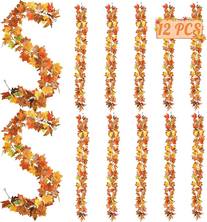 12 PCS Fall Decor, 70.8FT Fall Decorations for Home, Fall Garland for Mantle, Realistic Fall Leaves Garland for Thanksgiving Garlands Indoor Outdoor Halloween Decorations, Autumn Decor for Party