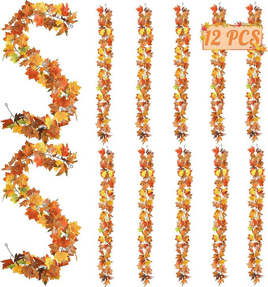 12 PCS Fall Decor, 70.8FT Fall Decorations for Home, Fall Garland for Mantle, Realistic Fall Leaves Garland for Thanksgiving Garlands Indoor Outdoor Halloween Decorations, Autumn Decor for Party