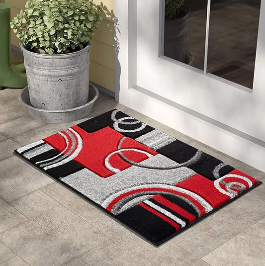 GLORY RUGS Area Rug 2x3 Door Mat Red Geometric Soft Floor Carpet with Premium Fluffy Texture for Indoor Living Dining Room and Bedroom Area