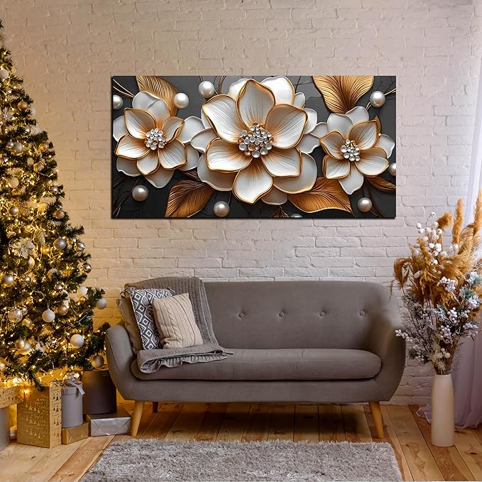 Large Flower Canvas Wall Art Bedroom - White and Gold Wall Decor for Girls Room - Floral Dining Room Wall Art Size 29" x 59"