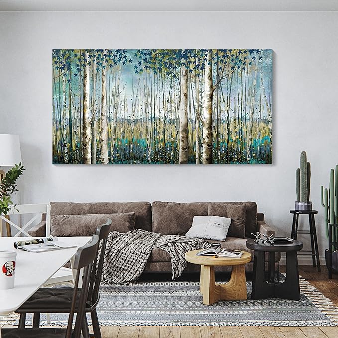 Large Wall Art Decor Green View White Birch Forest Canvas Painting Nature Plant Picture Wildlife Trees Landscape Artwork Home Living Room Bedroom Office Wall Decoration Hand-Painted Wall Art 24x48