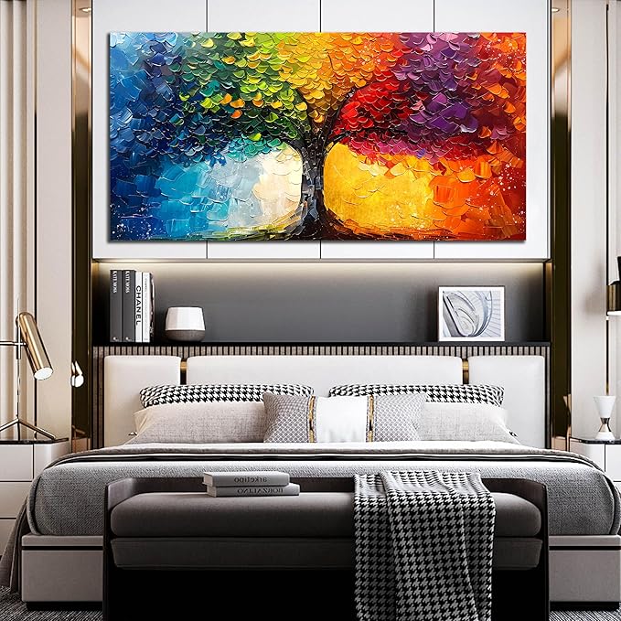 Large Tree Pictures for Living Room - Modern Canvas Wall Art for Office - Colorful Wall Decor for Girls Bedroom Size 29" x 59"