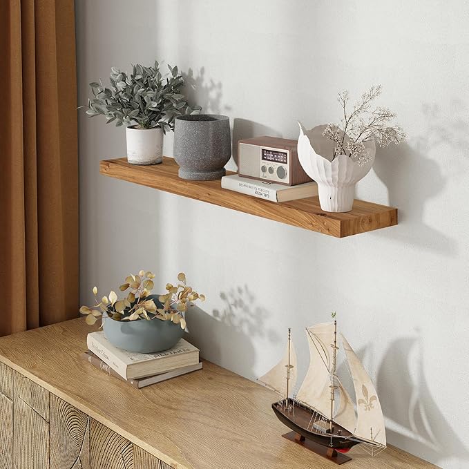 40 Inch Floating Shelves for Wall, Rustic Elm Wood Shelf for Home Decor, Heavy-Duty Wooden Floating Shelves for Kitchen, Wall Mounted Storage Shelves for Bathtoom, Living Room, Natural Color, Set of 1