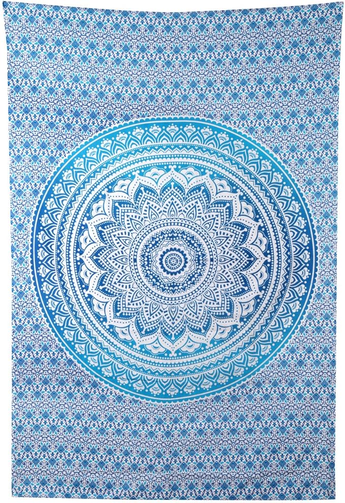 RAJRANG Small Mandala Tapestry for Bedroom and Living Room Bohemian Wall Hanging Cotton Tapestries Blue Ombre 60x50 Inch