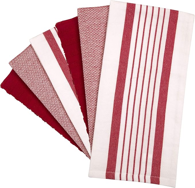 Premium Kitchen Towels (20”x 28”, 6 Pack) – Large Cotton Kitchen Hand Towels – Striped Flat & Terry Towel – Highly Absorbent Tea Towels Set with Hanging Loop – Red