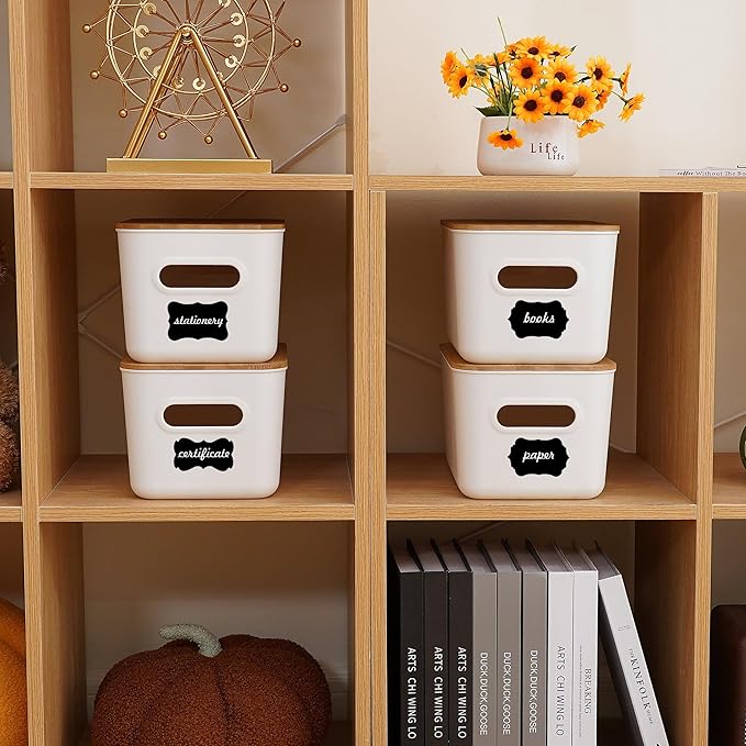 Citylife 4 PCS Storage Bins with Bamboo Lids Plastic Storage Containers for Organizing Stackable Storage Box with Handle, 10.23 x 7.08 x 6.3 inch