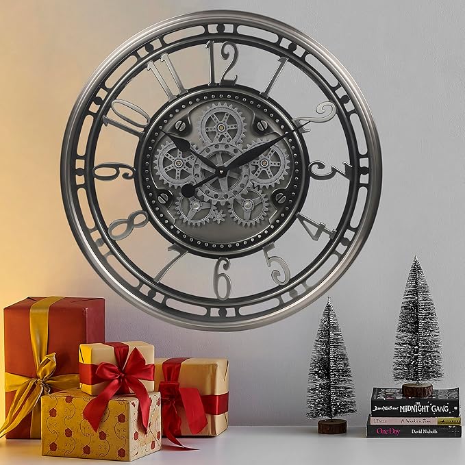 CLXEAST 28 Inch Large Industrial Moving Gear Wall Clock for Living Room Decor, Modern Farmhouse Decorative Clock for Dinning Room,Gunmetal Silver,House Warming Gifts New Home