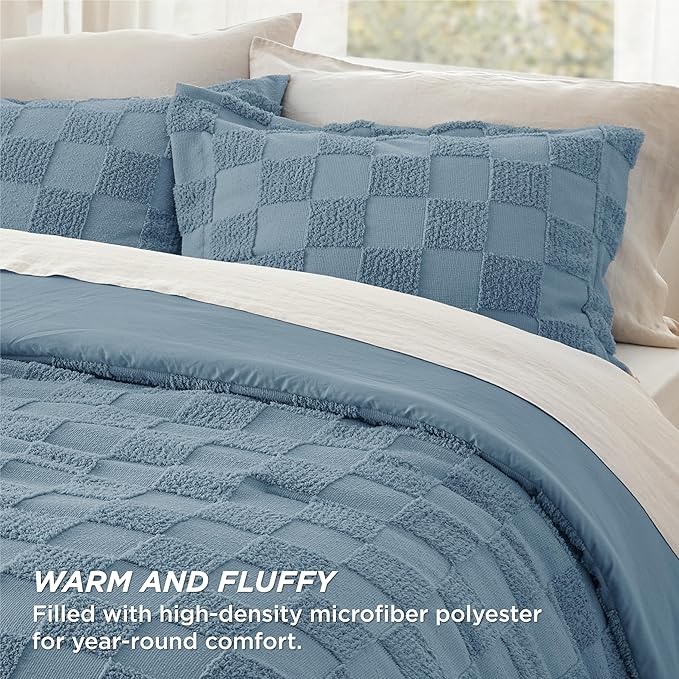 Bedsure King Size Comforter Set Mineral Blue, Boho Tufted Bed Set, Checkered Farmhouse Shabby Chic Bedding, 3 Pieces, 1 Plaid Geometric Comforter and 2 Pillow Shams