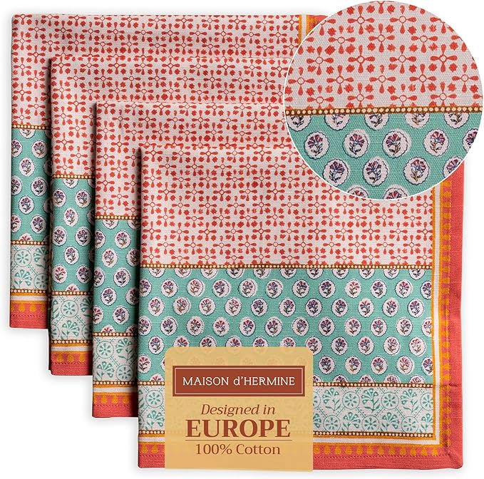 Maison d' Hermine Cloth Napkins Set of 4 100% Cotton Everyday Reusable Square Napkins Cloth Washable, Dinner, Party, Wedding, Restaurant, Spring/Summer (Provence, 20" x 20")