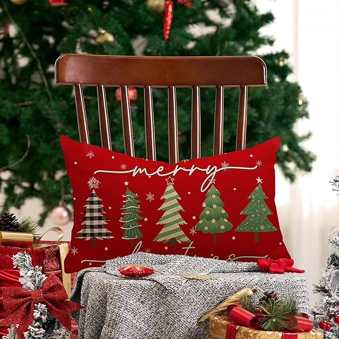 Christmas Pillow Covers 12x20 Inch, Red Green Christmas Tree Decorative Pillow Covers Winter Holiday Cushion Cases Decor for Home Couch Sofa