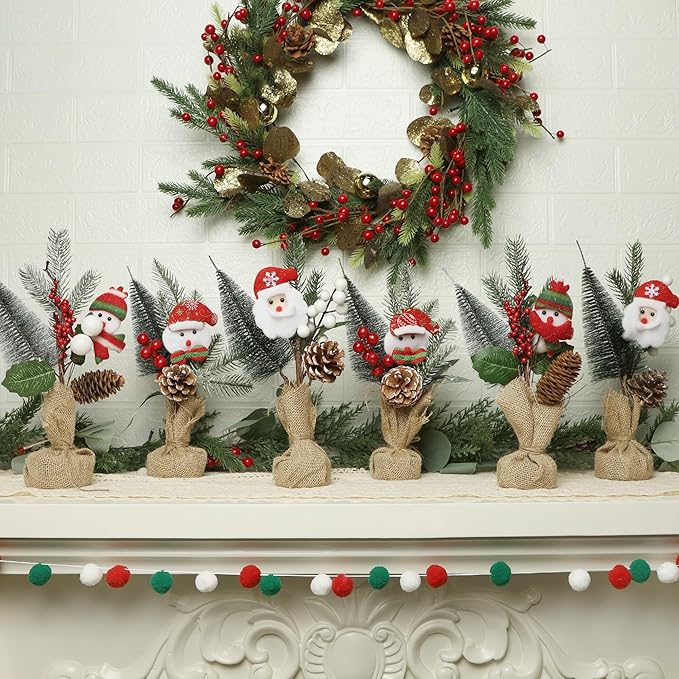 winemana 6 Pcs Small Christmas Tree Table Decorations Indoor, Mini Artificial Trees Plants with Pine Cones Santa Snowman for Tabletop Centerpiece Office Home Kitchen Xmas Holiday Decor