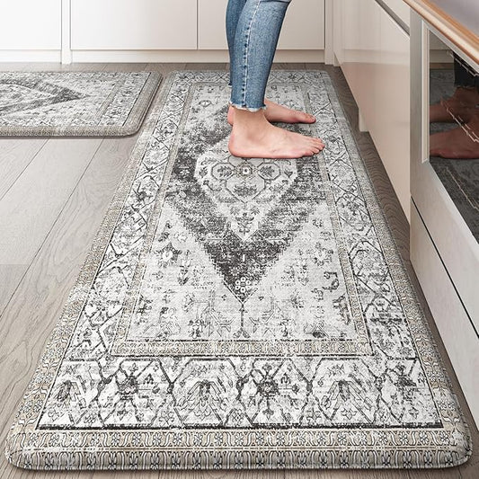 KIMODE Anti Fatigue Kitchen Mats, Boho Vintage Kitchen Rugs Sets of 2, Non Slip Waterproof Kitchen Floor Mats, Ergonomic Cushioned Standing Mats for Sink, Laundry, Desk Grey 20"x47"+20"x32"