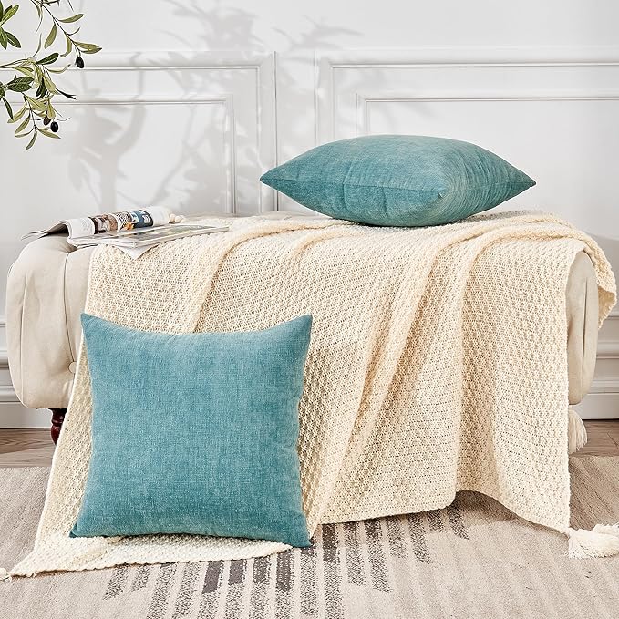 GAWAMAY Decorative Square Throw Pillow Covers 22"x22" Inch Set of 2, Super Soft Chenille Pillows Farmhouse Fall Pillowcase for Living Room Bedroom Sofa Couch Cushion Cover Smoke Blue 55x55cm