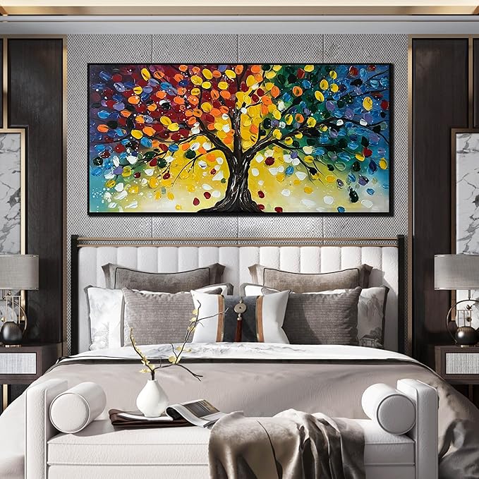 Tree Painting Large Wall Decor for Living Room - Colorful Hand Painted Wall Art for Bedroom - Black Framed Canvas Wall Art Size 29" x 59"