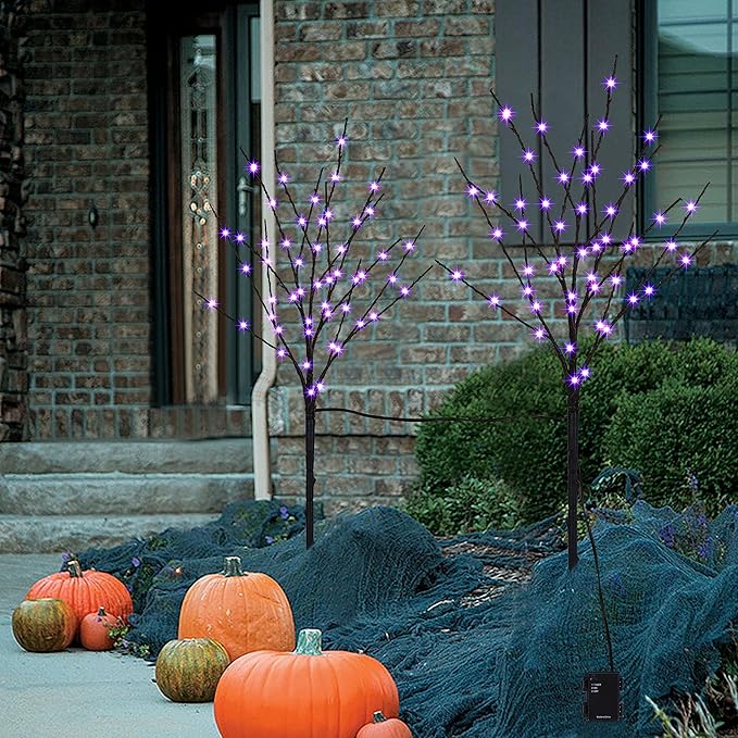 Lighted Halloween Tree Branches, 30IN 100LED Artificial Black Twig Branch with Purple Fairy Lights, Built-in Timer & Battery Operated, Waterproof for Indoor Outdoor Office Bedroom Party Decorations