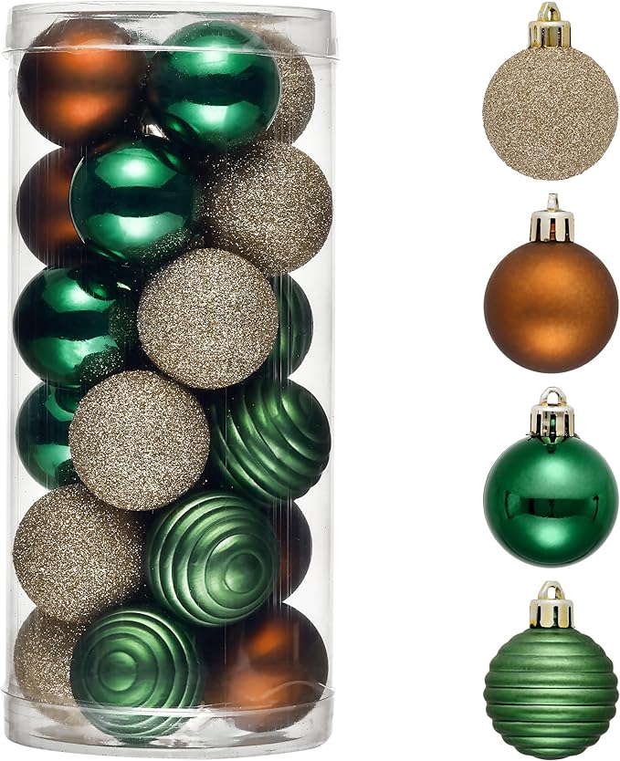 Valery Madelyn 1.57 Inches Small Christmas Tree Decorations Ornament Set for 4th of July Fall Halloween, 24ct Brown Green and Gold Shatterproof Hanging Ball Ornaments Holiday Party Decor