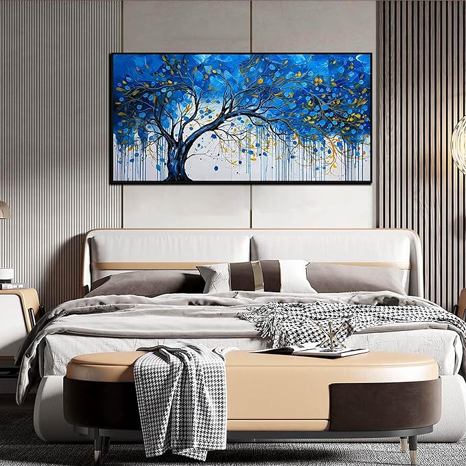 Tree Painting Wall Art for Living Room - Blue Abstract Hand Painted Wall Art for Bedroom - Modern Framed Wall DecoeOffice Size 29" x 59"