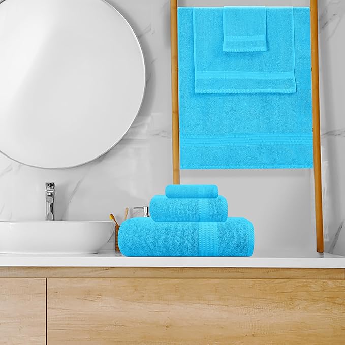 GLAMBURG Ultra Soft 8-Piece Towel Set -100% Pure Ringspun Cotton, Contains 2 Oversized Bath Towels 27x54, 2 Hand Towels 16x28, 4 Wash Cloths 13x13 - Ideal for Everyday use, Hotel & Spa -Turquoise Blue