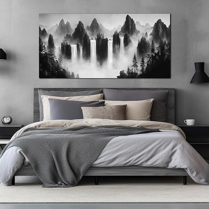 Mountain Canvas Wall Art for Living Room Large Size Black and White Pictures for Wall Waterfalls Wall Art for Office 29 x 58 Inches