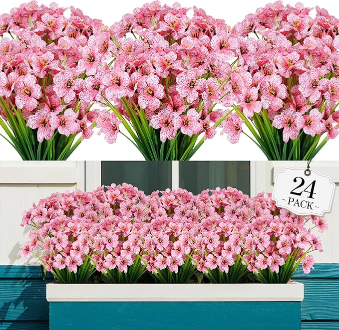 AGIRL 24 Bundles Artificial Flowers for Outdoor,No Fade Fake Plastic Flowers Faux Plants for Decoration Hanging Planters Indoor Outside Garden Porch Window Box Home Wedding Farmhouse