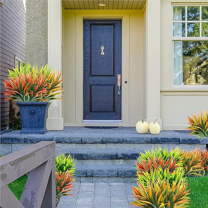 8 Pcs Outdoor Fake Plants UV Resistant Artificial Tall Grass Plants Faux Tropical Flowers Bushes Fall Winter Summer Planters Yard Patio Front Porch Décor Plastic Greenery Shrubs Decoration