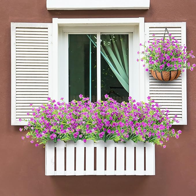 Sggvecsy Artificial Flowers for Outdoors 24 Bundles UV Resistant Boxwood Shrubs Artificial Eucalyptus Fake Plants Faux Plastic Greenery for Farmhouse Garden Home Indoor Outdoor Decoration（Magenta）