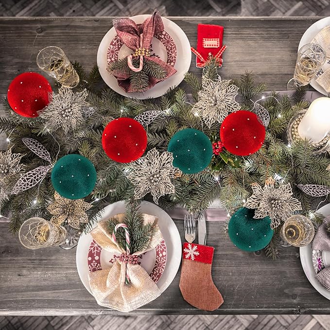 Christmas Tree Ornaments Set Velvet Balls, 12pcs Shatterproof Christmas Bulbs Ornaments for Xmas Tree Decorative Hanging, Vintage Flocked Decoration, 78mm, 3.1in, Multicolor Green Red