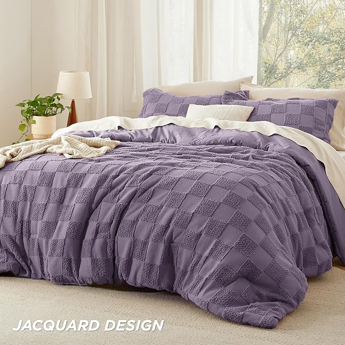 Bedsure King Size Comforter Set Grayish Purple, Boho Tufted Bed Set, Checkered Farmhouse Shabby Chic Bedding, 3 Pieces, 1 Plaid Geometric Comforter and 2 Pillow Shams