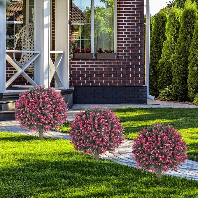 Set of 2 Artificial Rose Boxwood Topiary Ball Bush for Outdoor with Ground Spike 22", UV Resistant Faux Greenery Shrubs, Fake Rose&Green Boxwood Plants for Garden, Yard, Porch, Patio Decor