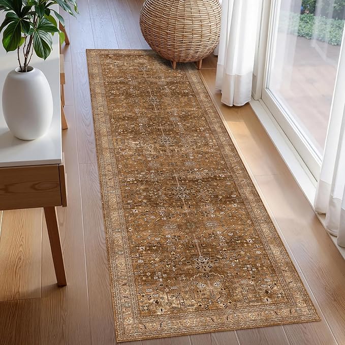 Washable Area Rug 2'6'' x 8' Vintage Traditional Persian Mat - Foldable Distressed Non-Slip Machine Washable Carpet for Living Room Bedroom Kitchen Home Decor - Bronze and Ivory