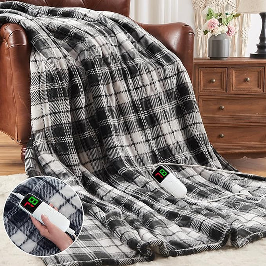 Black Heated Blanket Electric Throw, 50X60 Black Blanket Heating Throw with 10 Heats Levels & 8 Hours Auto Off, Plaid Soft Sherpa Blankets Warmer Gifts for Grandma Women Adults Couch Washable, ETL