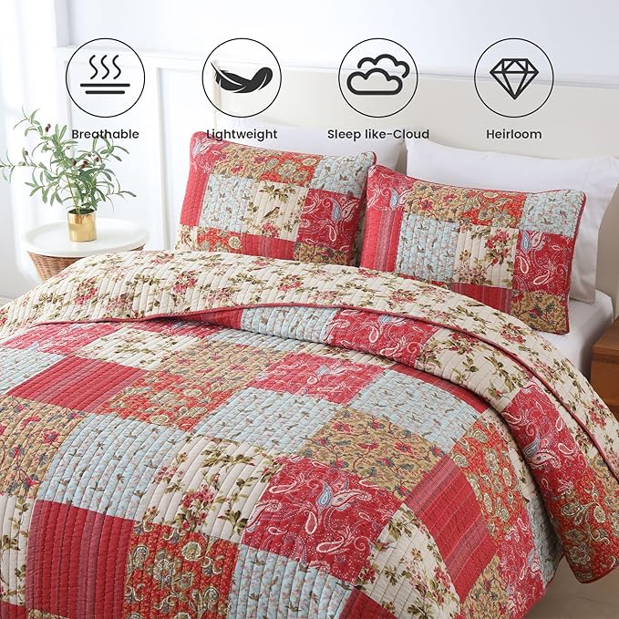 Secgo Queen Size Comforter Set- 100% Cotton Quilt Queen Size Set, Green, Sage bedspreads (90 * 96 Inch) with 2 Pillow Shams, Patchwork Reversible Lightweight Bedding