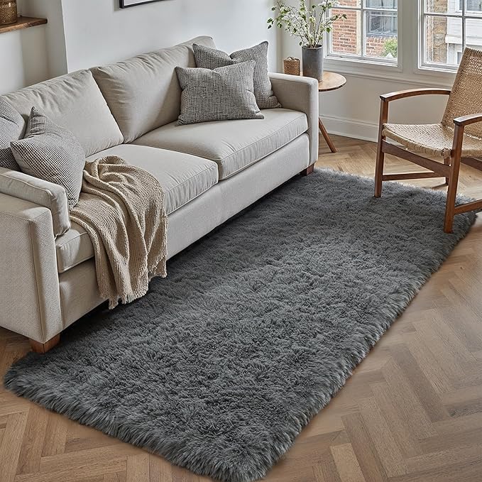 2x6 Area Rug for Bedroom, Modern Grey Super Shag Shaggy Soft Runner Carpet Washable Fluffy Rugs for Living Room Bedside Sofa Home Dorm Decor Aesthetic