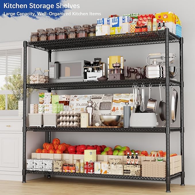 Heavy Duty Shelving, 72.2" H Garage Shelving Unit with Leveling Feet, 4-Tier Adjustable Garage Storage Shelves Metal Rack, Industrial Shelving for Warehaouse Storage, 60" W x 24" D x 72.2" H, Black