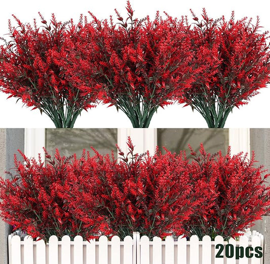 Artificial Outdoor Plants UV Resistant Artificial Greenery Lavender 20 Bundles UV Resistant Hanging Planter Flora Fence Indoor Outside Decor Wedding Table Flowers Arrangement Bouquet Filler(Red)