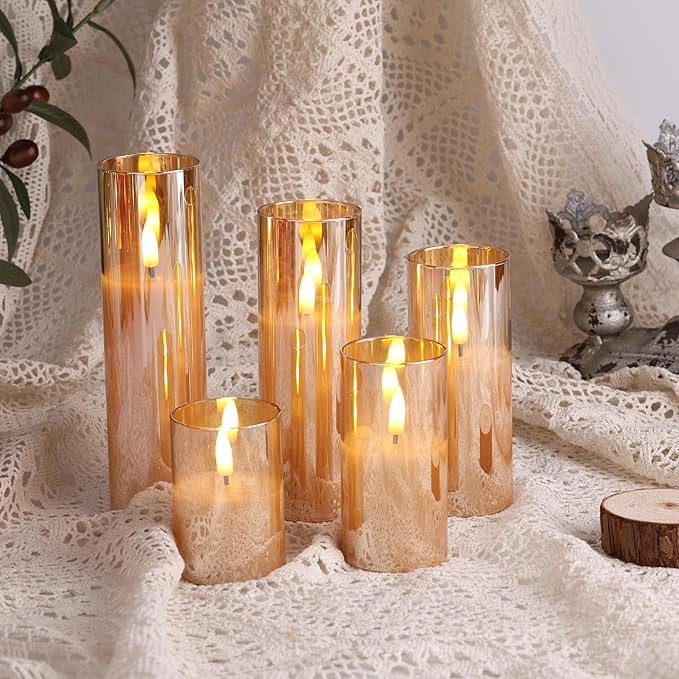 Eywamage 5 Pack Gold Glass Flameless Candles with Remote, Flickering Slim Tall LED Pillar Votive Candles Battery Included