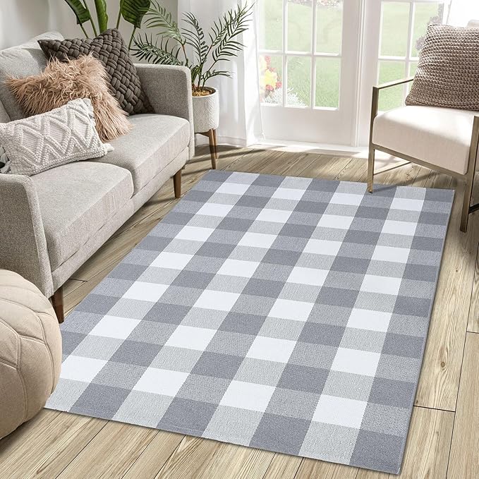 KOZYFLY Buffalo Plaid Area Rugs 3x5 Ft Gray and White Checkered Rug Washable Front Door Mat Hand Woven Cotton Outdoor Rug Large Rug for Front Porch Kitchen Entryway Patio Bathroom