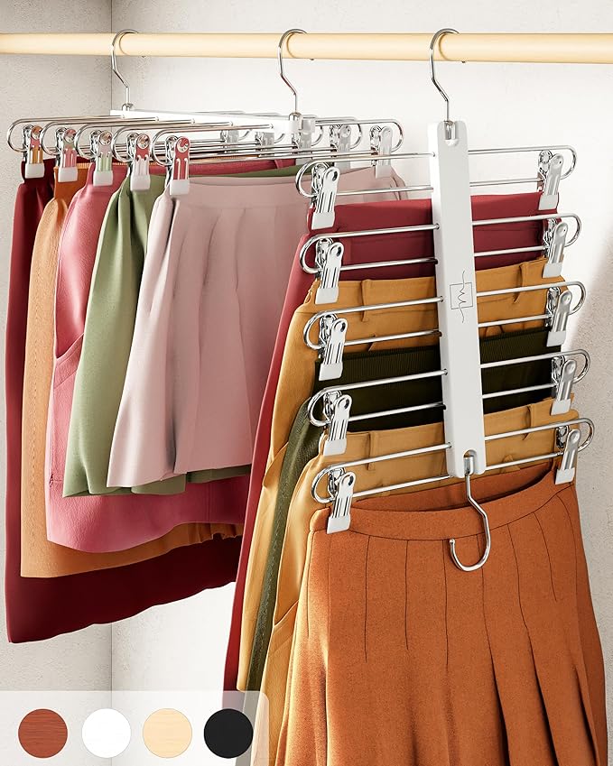 MORALVE Skirt Hangers Space Saving with Clips - 2 Pack - European Beechwood 5-Tier Hanger for Shorts, Skirts, and Pants - Closet Organizer and Storage Solution for Women with 360° Swivel Hook
