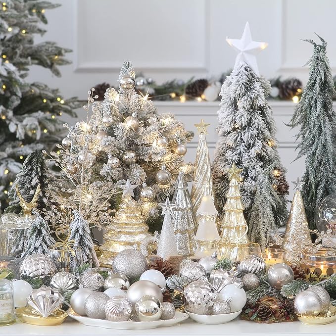 Sea Team 41Pcs Christmas Baubles Set Shatterproof Plastic Christmas Baubles with Strings Hanging Decorations for Christmas Tree Party Wedding Medium (Champagne, 60mm)