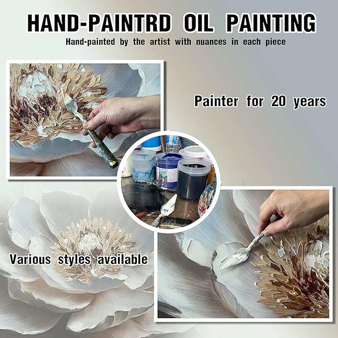 White Flower Wall Art for Bedroom Teenage Girl - Modern Hand Painted Home Wall Decor for Living Room - Large Black Framed Wall Art Size 29" x 59"