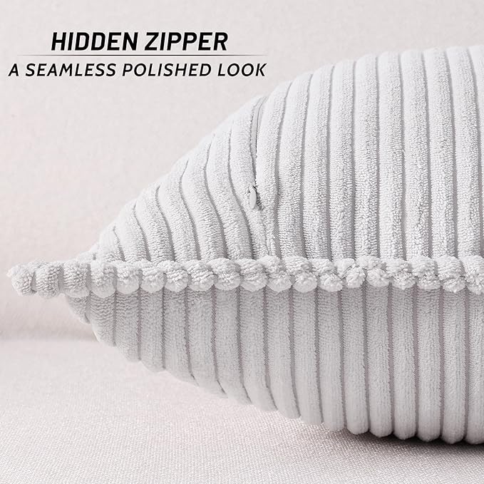 Mecatny Corduroy Throw Pillow Covers 18x18 Set of 2, Neutral Decorative Soft Boho Couch Pillow Covers with Broadside for Sofa Living Room, Grey