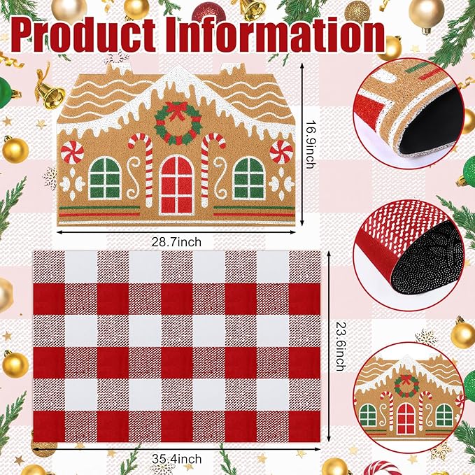 2 Pcs Christmas Door Mat Gingerbread House Welcome Non Slip Coir Mats Merry Xmas Red White Buffalo Plaid Floor Layering Doormats Seasonal for Front Porch Entryway Decor(Gingerbread House)