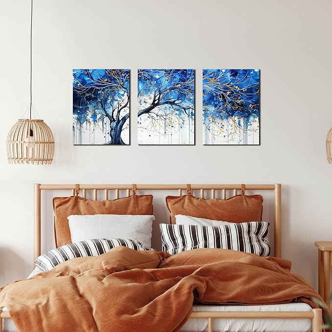 CIRABKY Blue Tree Pictures Wall Decor for Living Room - Blue and White Wall Art for Bedroom - Modern Wall Decor for Office Size 12" x 16" x 3 Pieces