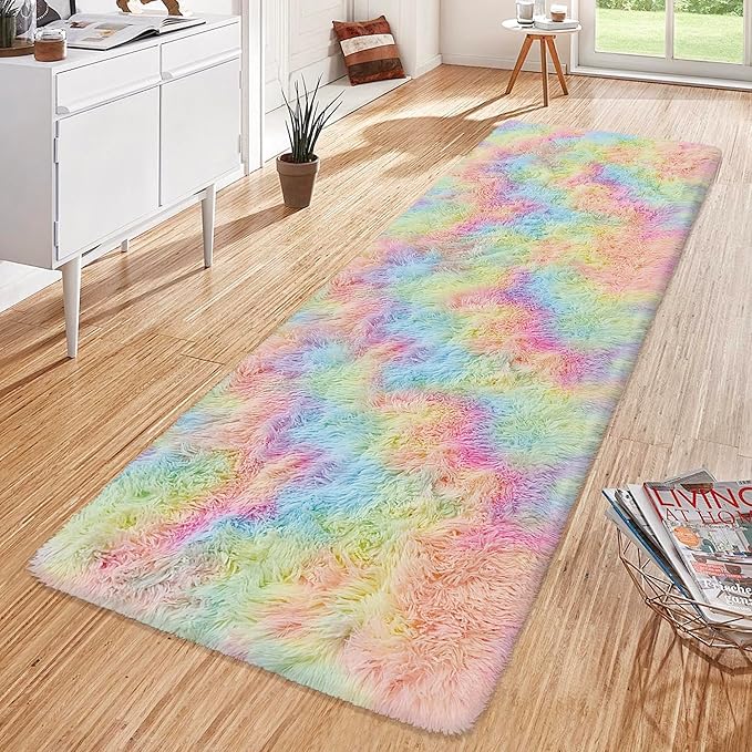 Fluffy Rainbow Rug for Girls Bedroom 2x6 Feet Kawaii Tie Dye Runner Rug Cute Colorful Unicorn Area Rug for Kids Teens Nursery Baby Princess Room Living Room Dorm Home Decor Mat Carpets