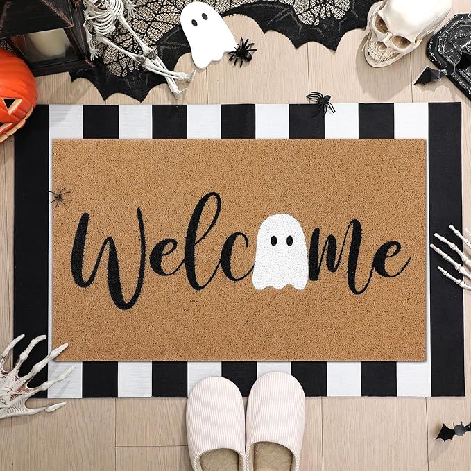 2 Pcs Halloween Door Mat Ghost Welcome Non Slip Coir Mats Cute Black White Stripe Floor Layering Doormats Seasonal for Front Porch Entryway Decor(White Ghost)