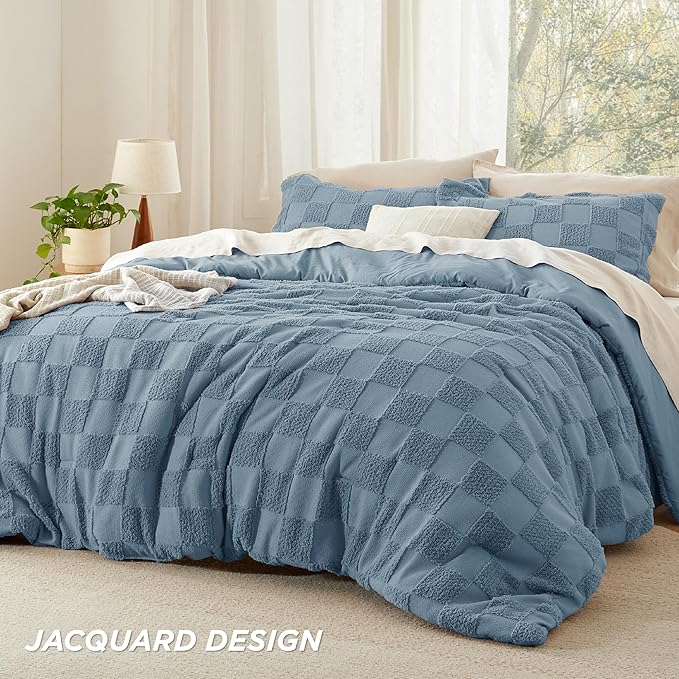 Bedsure King Size Comforter Set Mineral Blue, Boho Tufted Bed Set, Checkered Farmhouse Shabby Chic Bedding, 3 Pieces, 1 Plaid Geometric Comforter and 2 Pillow Shams