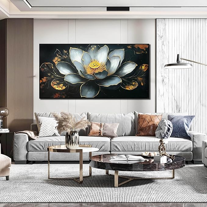 Lotus Flower Painting Wall Art for Bedroom - Black and White Hand Painted Wall Art for Living Room Large Size - Black Framed Wall Decor Size 29" x 59"