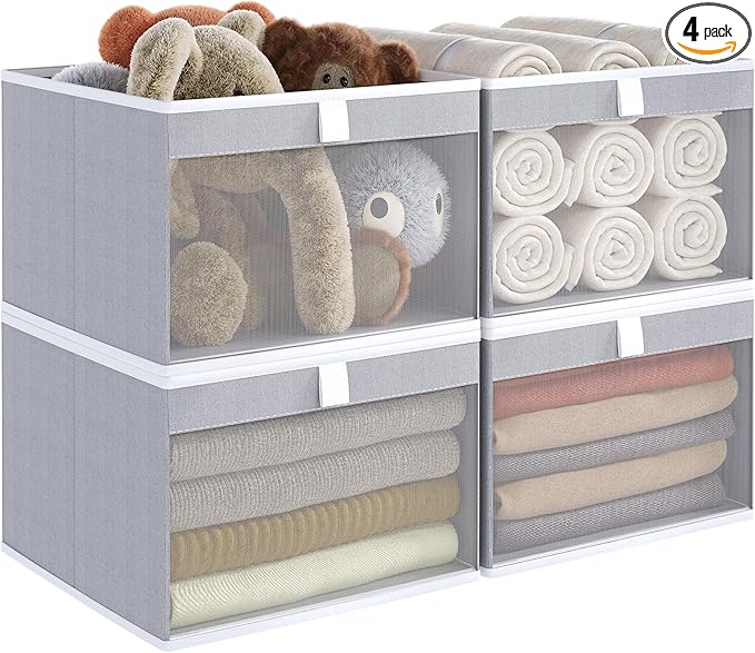 Linen Closet Organizers and Storage, Closet Storage Bins Basket Organizer, Foldable Organization Baskets with Mesh Window for Clothes Towels and Toys, 12.75" x 12.75" x 9", Gray, 4 pack